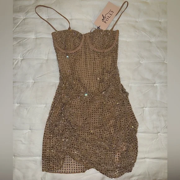 Oh Polly | Dresses | Oh Polly Sparkly Corset Beige Dress | Poshmark